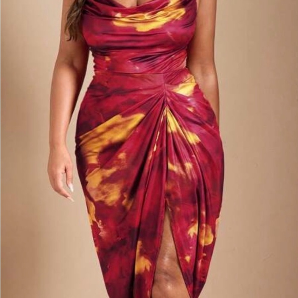 SHEIN Burgundy and Gold Satin Ruched Midi Dress